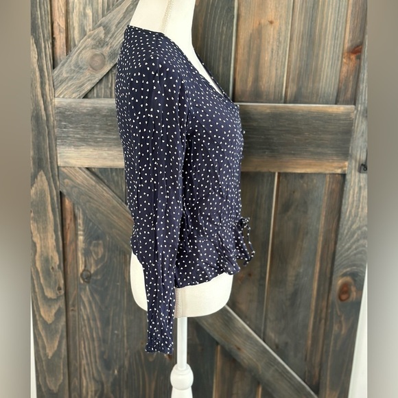 Rails Black White Heart Print Long Sleeve V-Neck Button Front Ruffle Hem Blouse - Picture 3 of 7